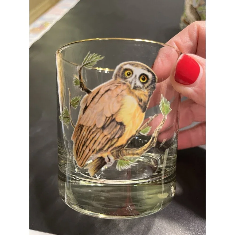 4pc MCM Owl on Branch Gold Rim Tumbler Old Fashion Glasses